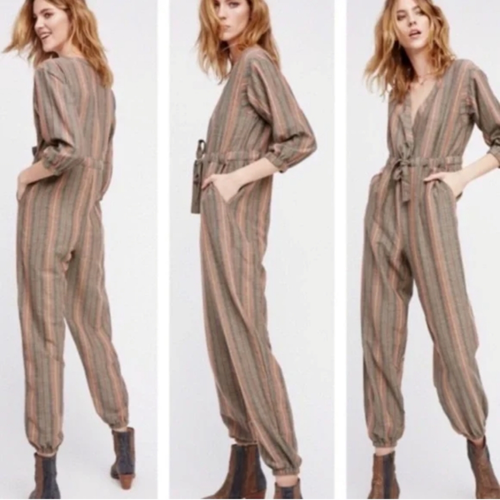 Free People Striped Jumpsuit with Belt XS